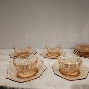 Jeanette Pink Depression Tea Cup & Snack Plates